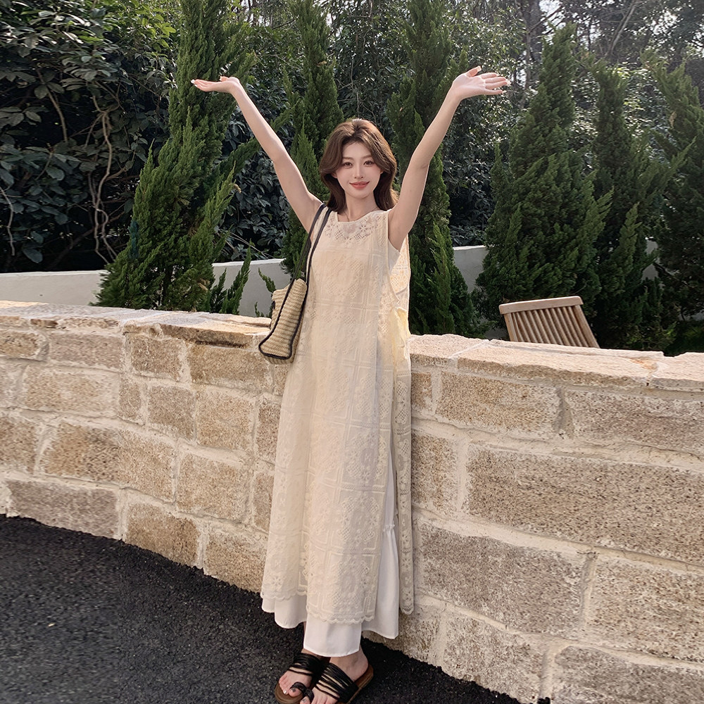米白色叠穿蕾丝罩衫裙套装女夏季2025年新款甜美气质半身裙两件套图片