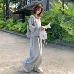 慵懒风灰色休闲卫衣阔腿裤女2025春季新款休闲遮肉百搭，女装运动套装，Yologo