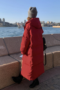 红色中长款连帽羽绒棉服女冬季超火好看高级小众加厚棉衣棉袄外套图片