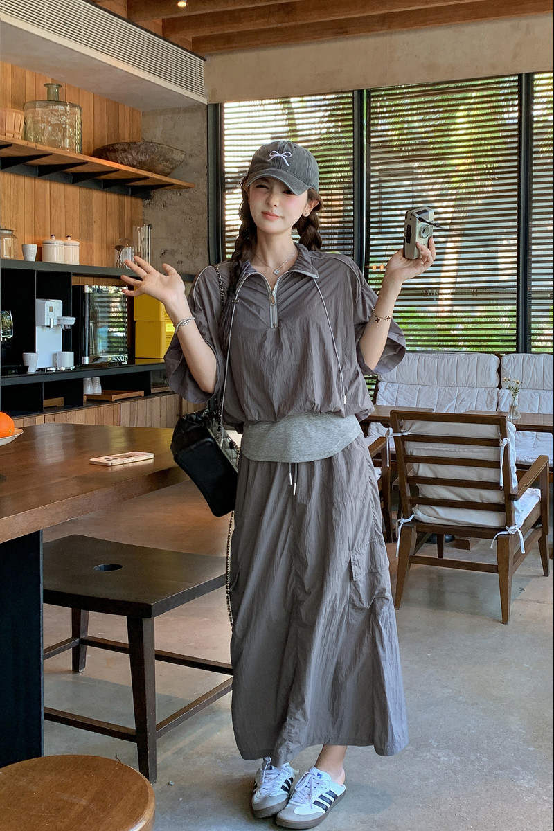 运动风穿搭灰色外套配长裙两件套女夏2025年新款超火休闲减龄套装,女装套装/套裙,Yologo