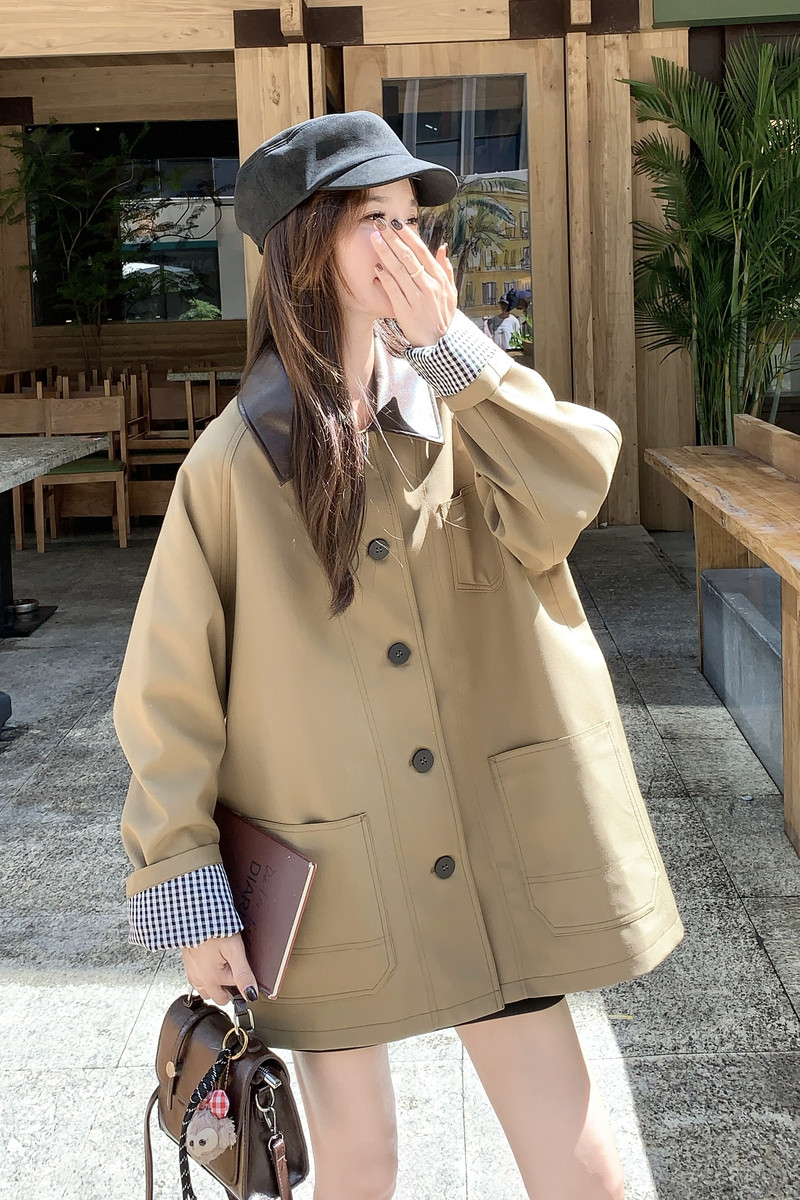 常规款拼色翻领厚款长袖纯色风衣外套秋冬韩版宽松春秋气质小个子,女装风衣,Yologo