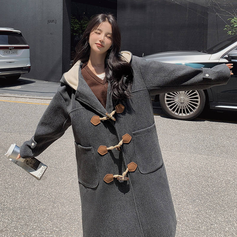 大码女装牛角扣毛呢外套女中长款冬季新款夹棉胖mm羊毛韩系呢大衣，女装毛呢外套，Yologo