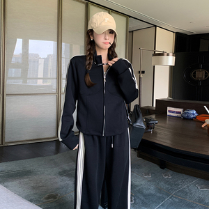 黑色韩系休闲运动女2025开春新款超火减龄宽松卫衣卫裤图片
