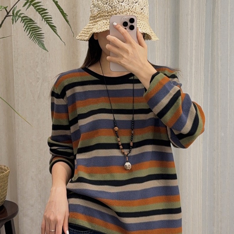 专柜棉线针织衫毛衣女条纹长袖衫