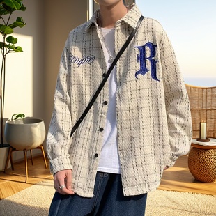 高街衬衣情侣毛呢外套男 男宽松潮牌绣花长袖 美式 日系春秋格子衬衫