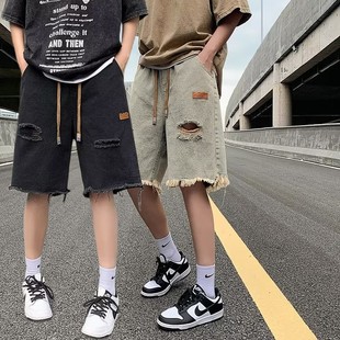 休闲五分中裤 街头潮牌宽松直筒大码 男夏季 抽绳松紧腰破洞牛仔短裤