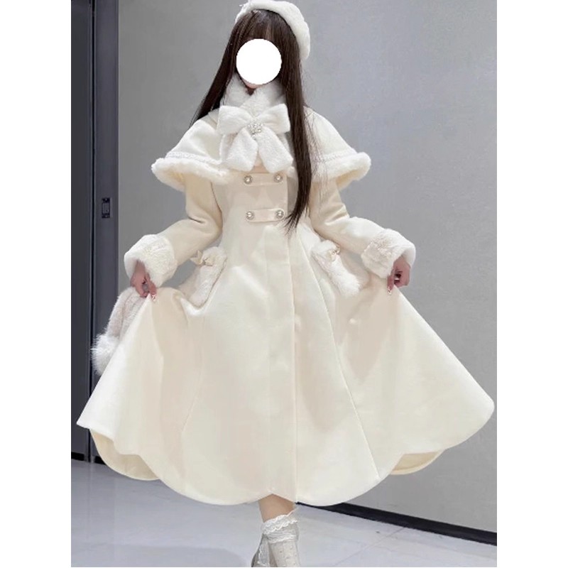 奶白色甜美中长款夹棉可拆卸斗篷连衣裙外套lolita裙套装洛丽塔
