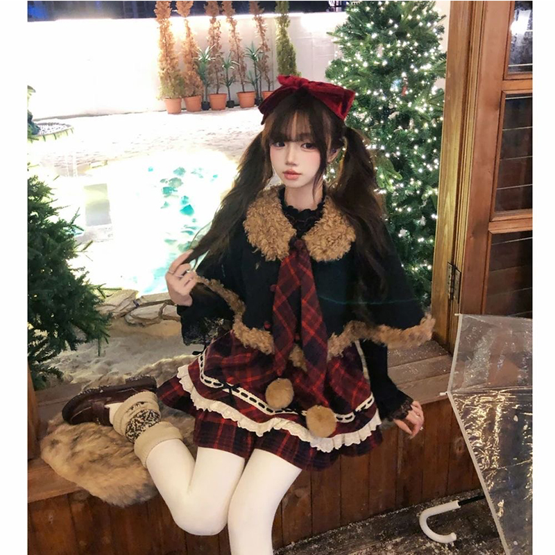 玫瑰红茶 冬季新款圣诞新年战袍设计感斗篷公主连衣裙甜美套装