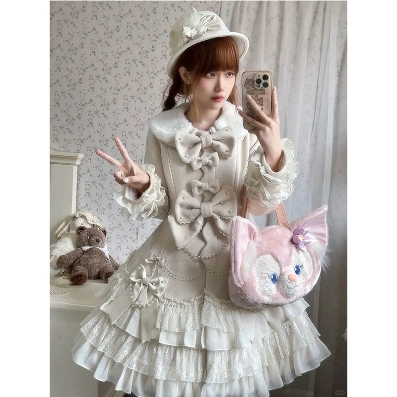 【甜系洛芙】冬季洛丽塔甜美蝴蝶结毛呢外套连衣裙丝Lolita大衣女