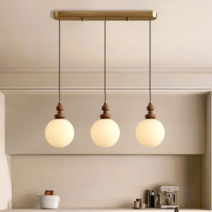 餐厅吊灯三头现代简约饭厅吧台灯具日式原木风创意个性玻璃球吊灯