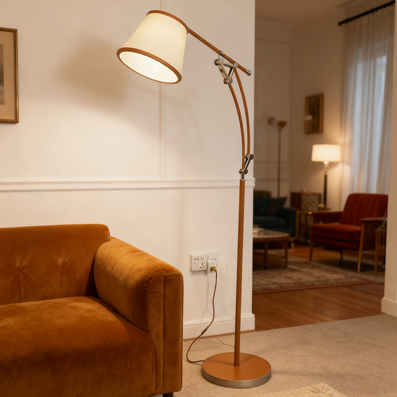 金棕手工皮缝落地灯折臂客厅沙发边卧室床头复古轻奢高级氛围感灯