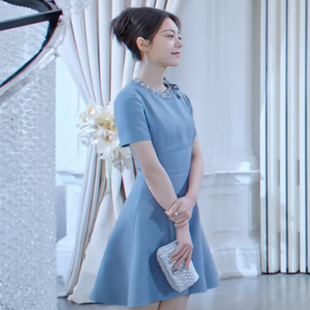 骄阳似我聂曦光赵今麦同款蓝色礼服蝴蝶结短袖连衣裙气质女装洋气