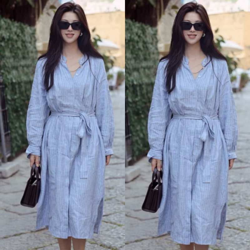 他为什么依然单身朱珠明星同款春夏季棉麻衬衫连衣裙女装宽松休闲