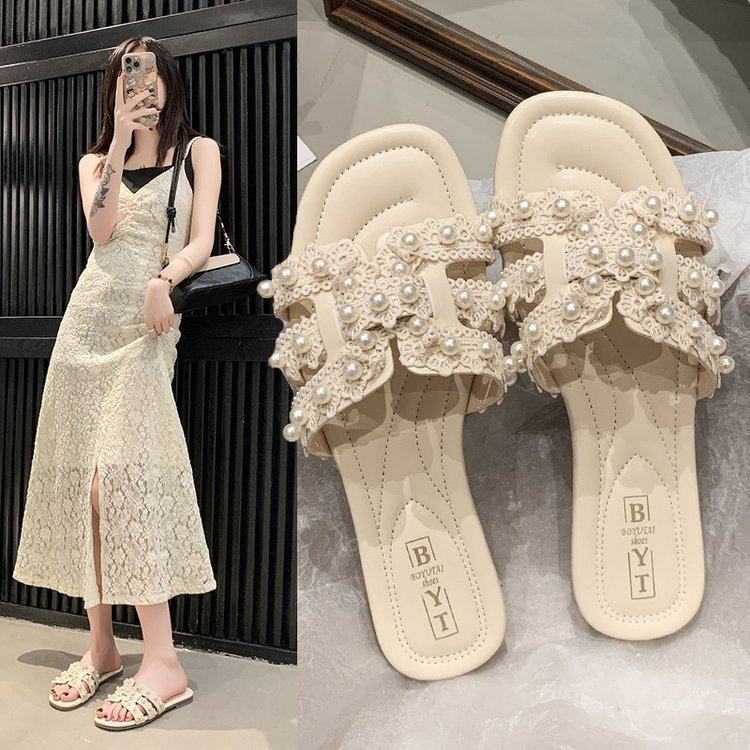网红小香风珍珠拖鞋女夏2026新款外穿平底沙滩一字凉拖时尚配裙子,居家布艺,居家棉拖/棉鞋,淘宝优惠券,粉丝福利购,淘宝优惠卷
