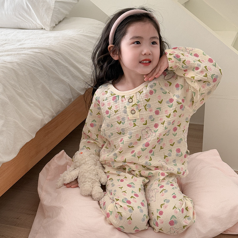 婴儿棉纱睡衣儿童家居服长袖纱布衣服春夏季新款男女宝宝空调服薄