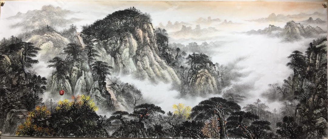 手绘山水画未落款水墨画江山如此多娇国画办公室靠山无水图2.4米