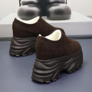 一脚蹬套脚懒人鞋 加绒保暖女棉鞋 厚底内增高12CM勃肯鞋 新款 潮 冬季