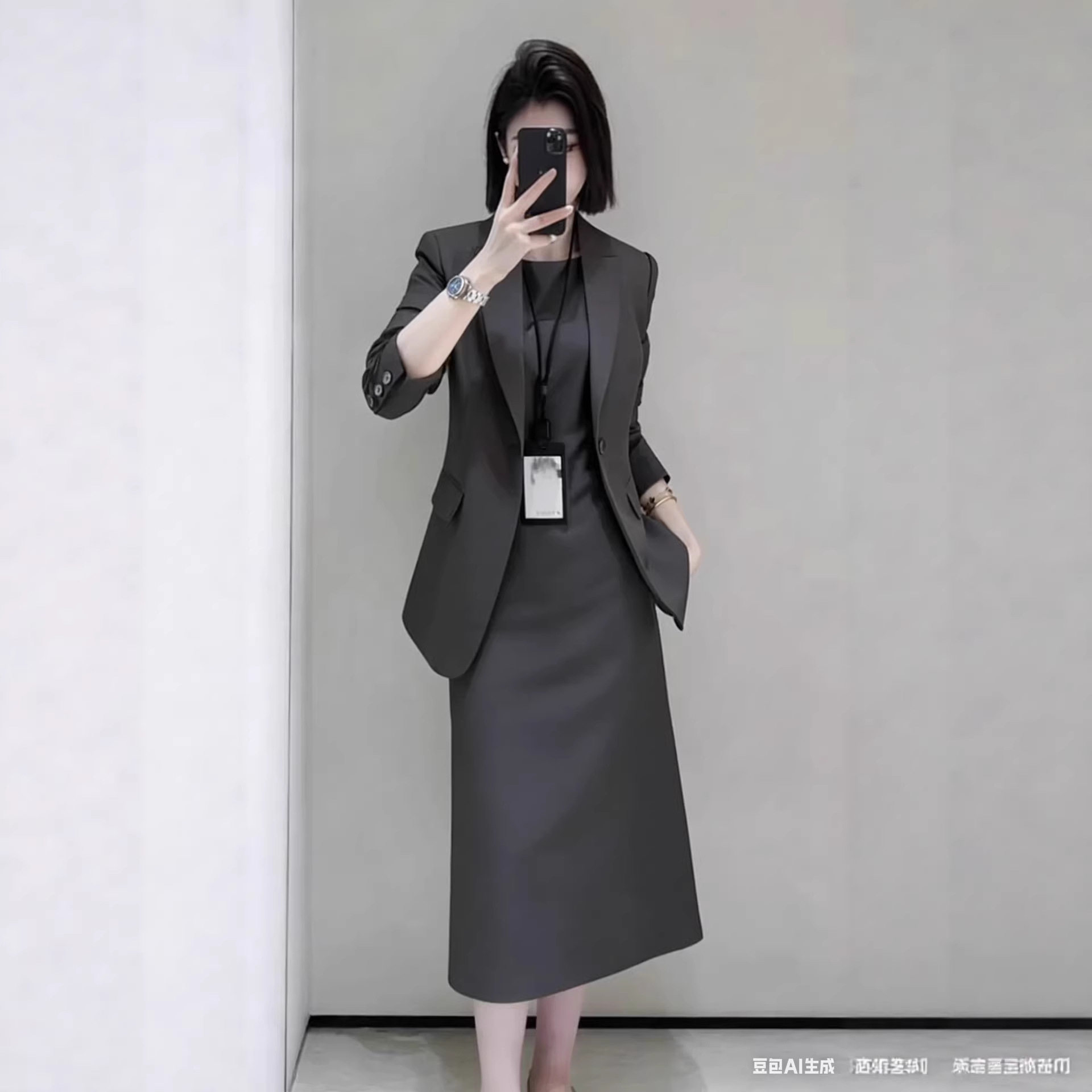 春秋新款大码灰色西装套裙女胖mm职业韩版西服连衣裙两件套25160