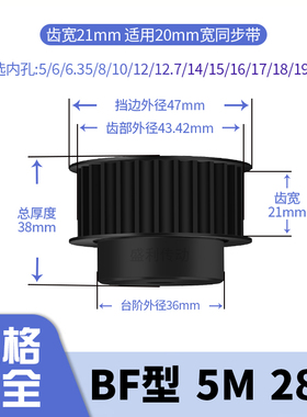 同步轮5M28齿钢B齿宽21内孔5 6.35 8 10 12 14电机带轮同步带轮5M