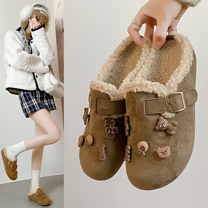 新款勃肯鞋加绒女软底复古冬鞋子厚底半拖平底保暖毛毛鞋棉鞋Y28