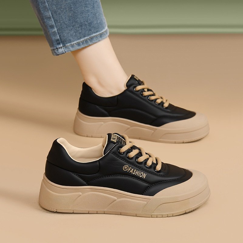 盾狐面包鞋女款厚底百搭2025秋季加绒板鞋耐磨复古松糕休闲鞋加绒