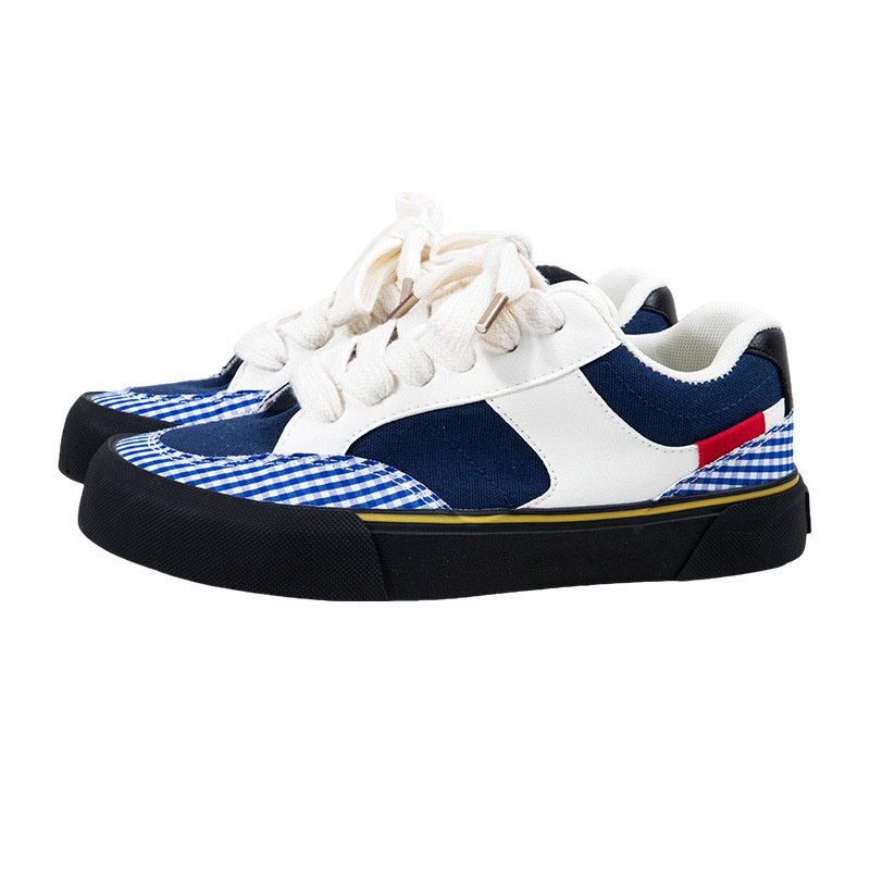 韩系低帮拼色穿搭女款板鞋2025新款白蓝格子休闲鞋子女鞋特色鞋女