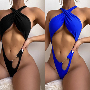 strapping piece swimsuit 纯色性感绑带连体泳衣女比基尼One 新款