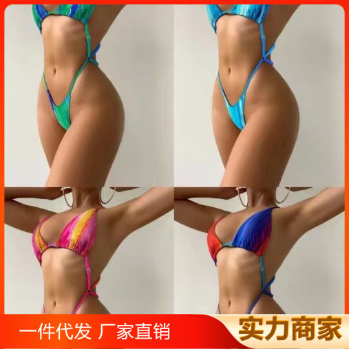 欧美新款彩色绑带连体泳衣女露背丁字裤泳装性酒吧性感辣妹bikini