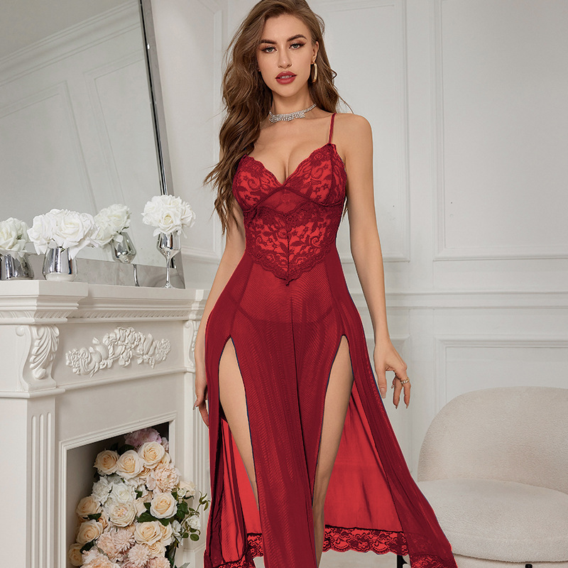 Fun lingerie women's long slit sleeping dress with suspender