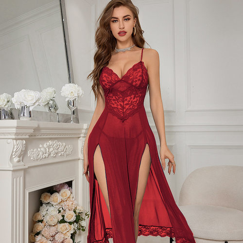 Fun lingerie women's long slit sleeping dress with suspender