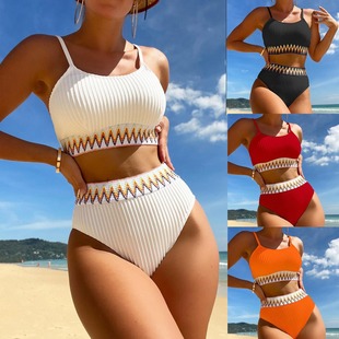 Split striped solid color swimsuit for women分体条纹纯色泳衣