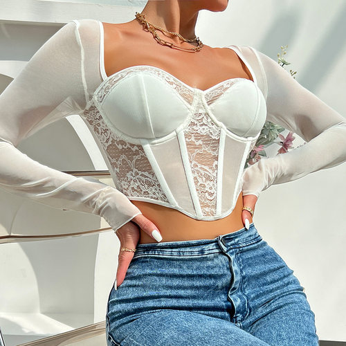 Sexy lace mesh long sleeved strapless fabric蕾丝网纱长袖上衣