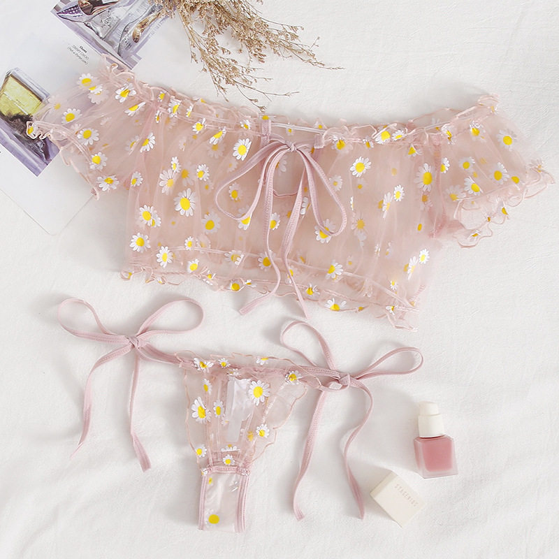 Bralette/Thong Set性感内衣裹胸内裤套装 一字肩睡衣女波点网纱