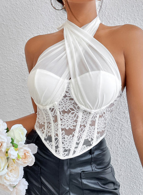 Lace Tank Top Mesh Hanging Neck Fashion Top Diamond