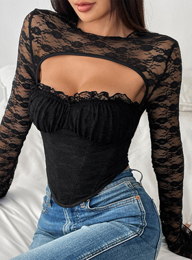 Women's top sexy long sleeved T-shirt性感辣妹蕾丝拼接长袖T恤