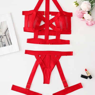 Sexy lingerie cross tie bra set, garter belt three piece set