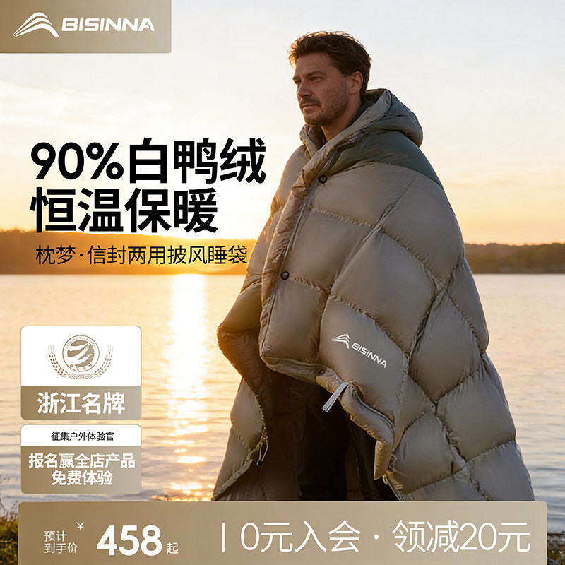 北山狼羽绒睡袋成人冬季加厚防寒冰户外露营轻量化睡袋被子两用黑