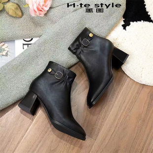 蕙图女鞋冬季新款粗跟中跟工作通勤白领优雅女人皮鞋加绒短靴棉鞋