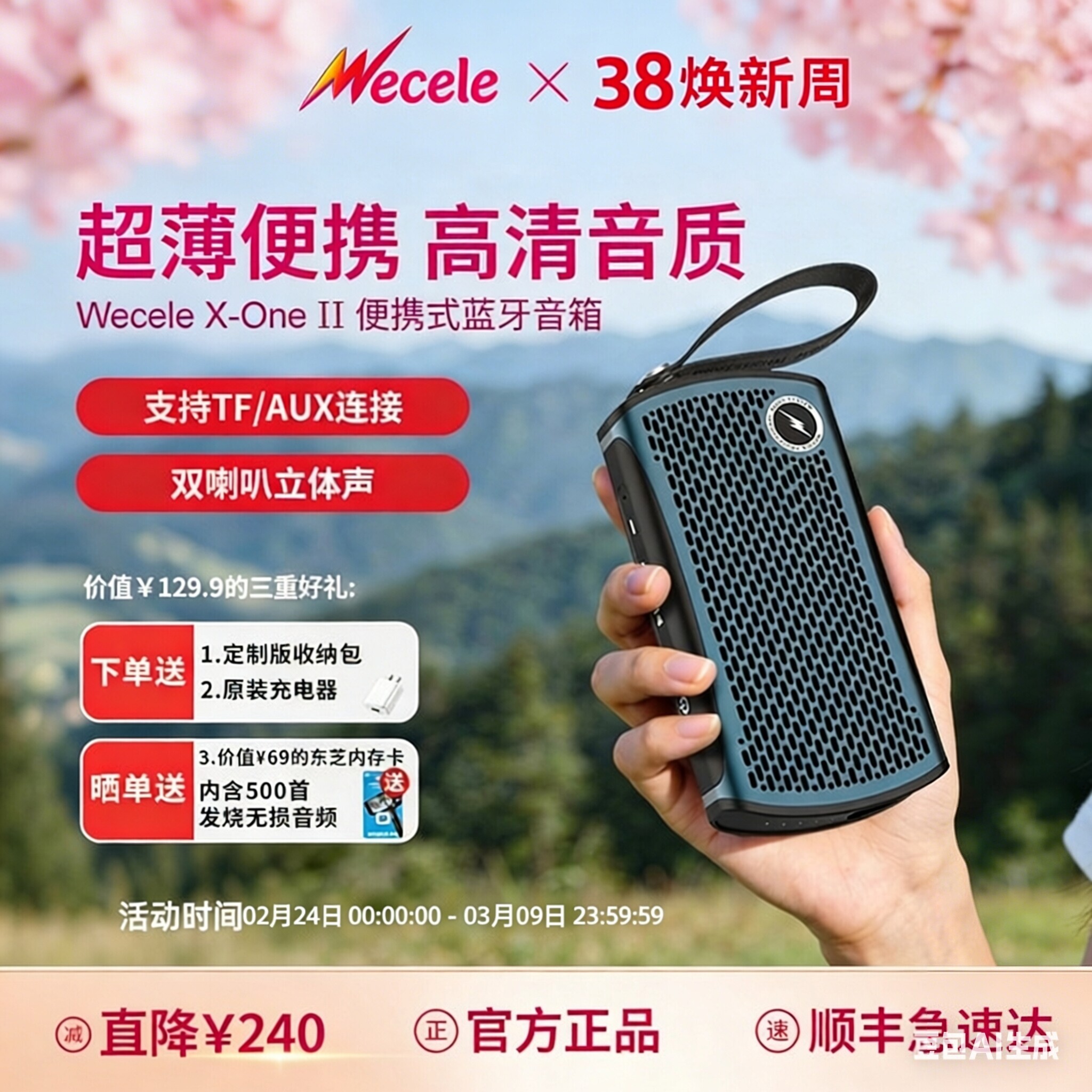 Wecele X-ONE Ⅱ二代超薄便携蓝牙音箱 双喇叭立体声支持TF插卡