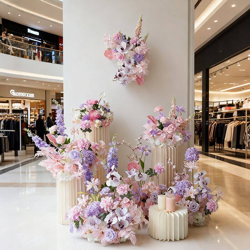 粉紫色舞台地排花婚礼T台路引仿真花罗马柱装饰交车仪式场景布置