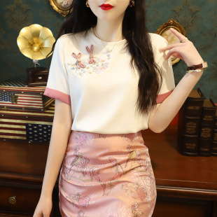 B40 T恤女夏季 新中式 国风复古盘扣刺绣短袖 气质减龄上衣 女装