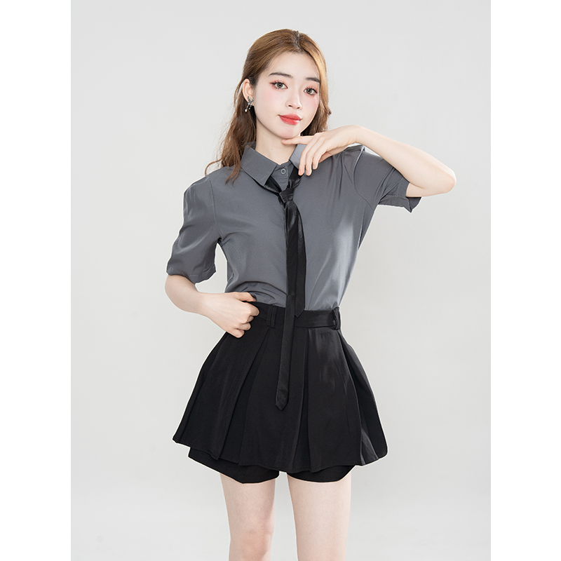 学院风宽松简约休闲短袖polo领配领带泡泡袖短款衬衫上衣半裙套装