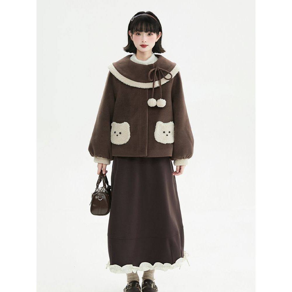 【焦糖小熊】咖色毛领盘扣加厚保暖毛呢外套+半身裙两件套女冬季