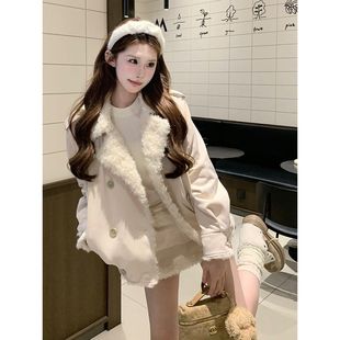 女25冬季 半裙套装 气质韩系粉杏色皮毛一体外套 新款 冬雾济州
