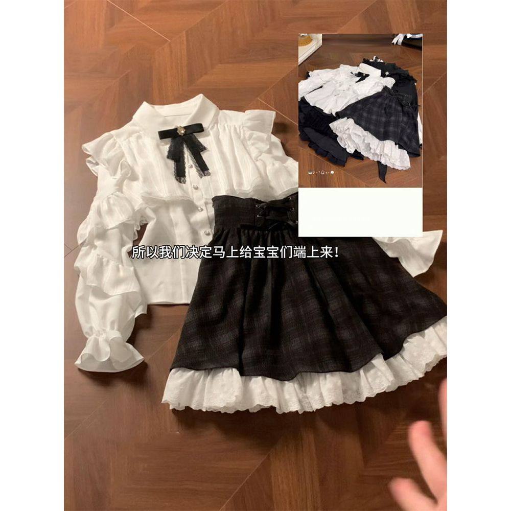 【月露霜糖】日系甜美清楚系衬衫+格子短裙两件套女设计感秋冬季