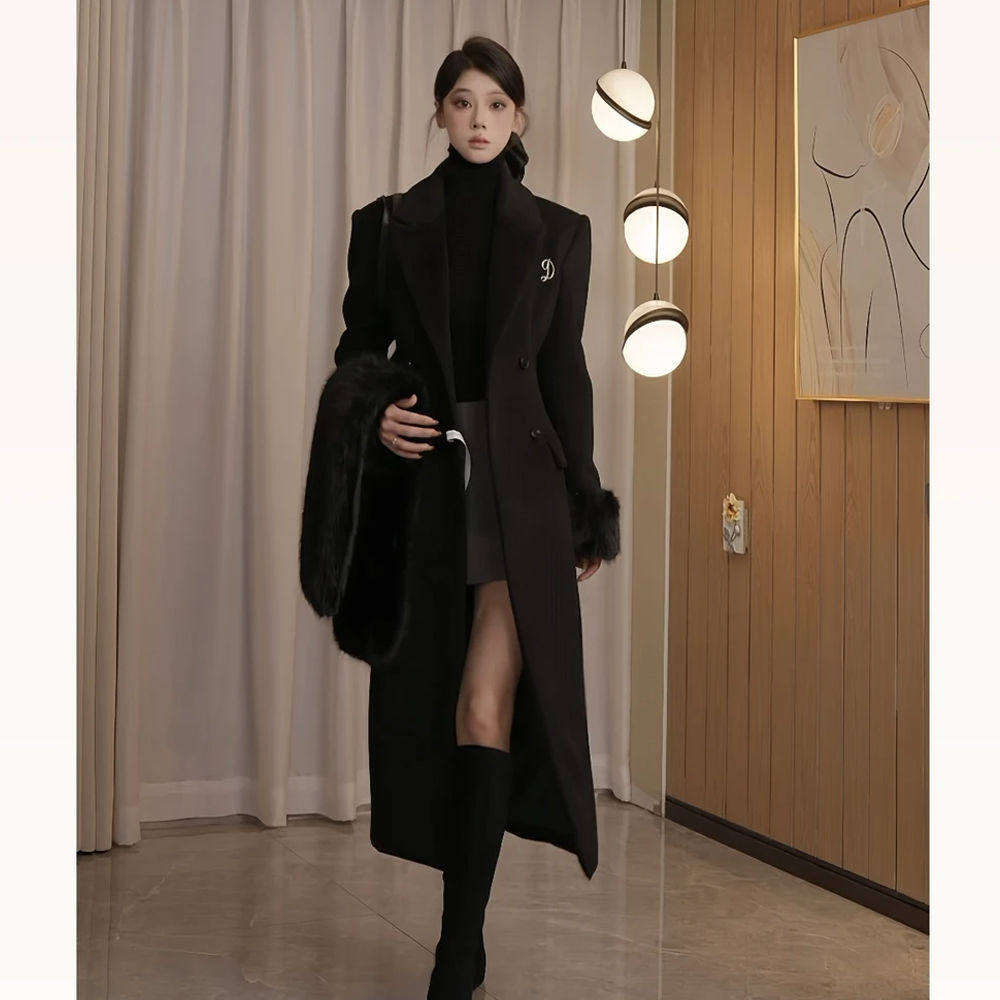 暗夜流光 黑色沙漏收腰毛呢外套冬季新款长款气质高级呢子大衣女