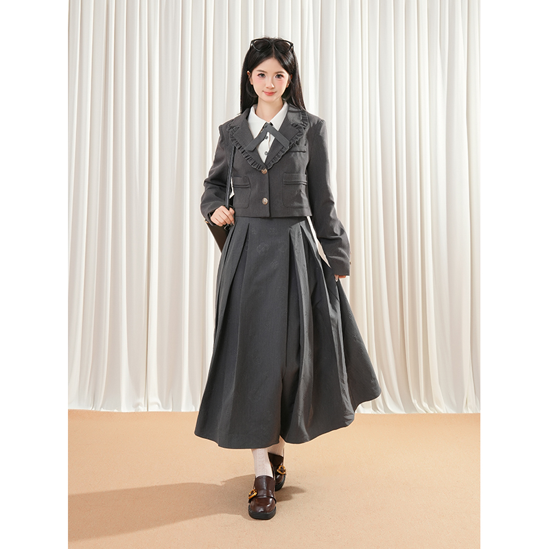 少女诗集 学院风衬衫假两件收腰百褶连衣长裙+气质韩系短外套套装