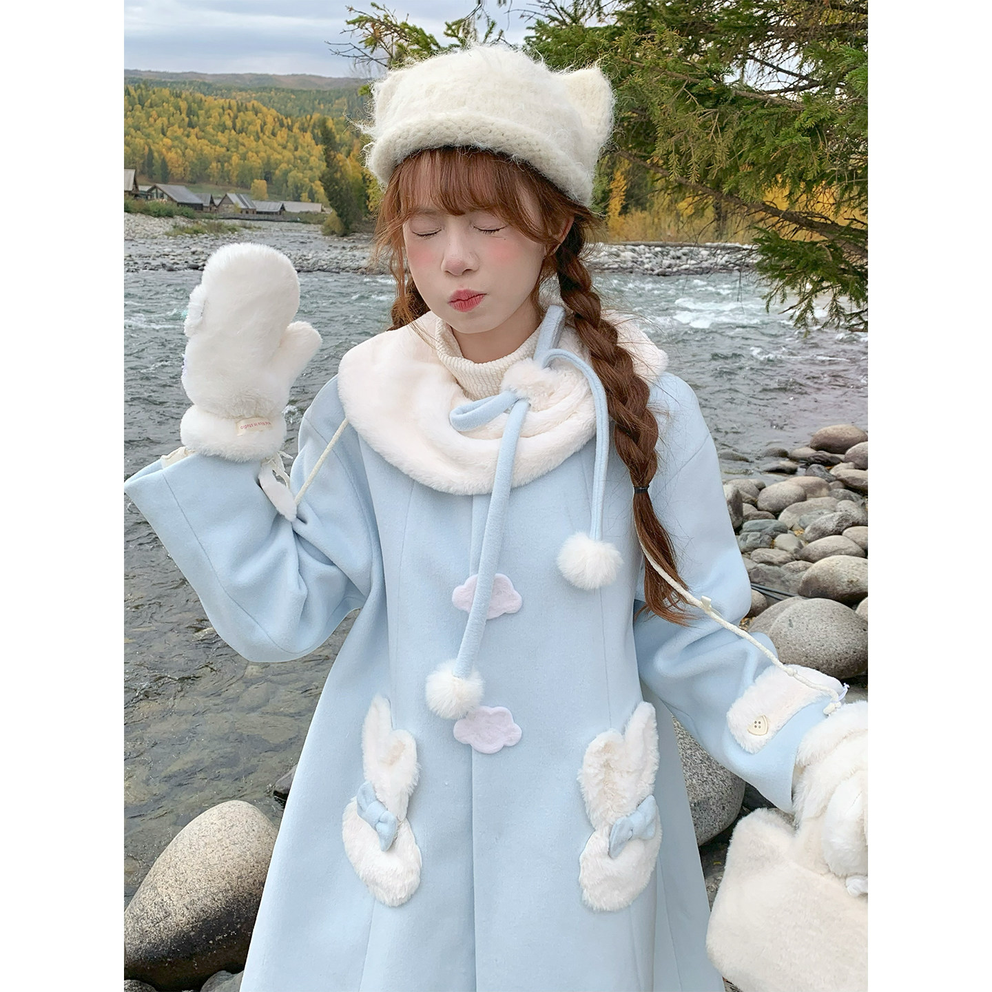 甜美可爱少女感蓝色小兔子毛呢外套女秋冬季小个子中长款呢子大衣