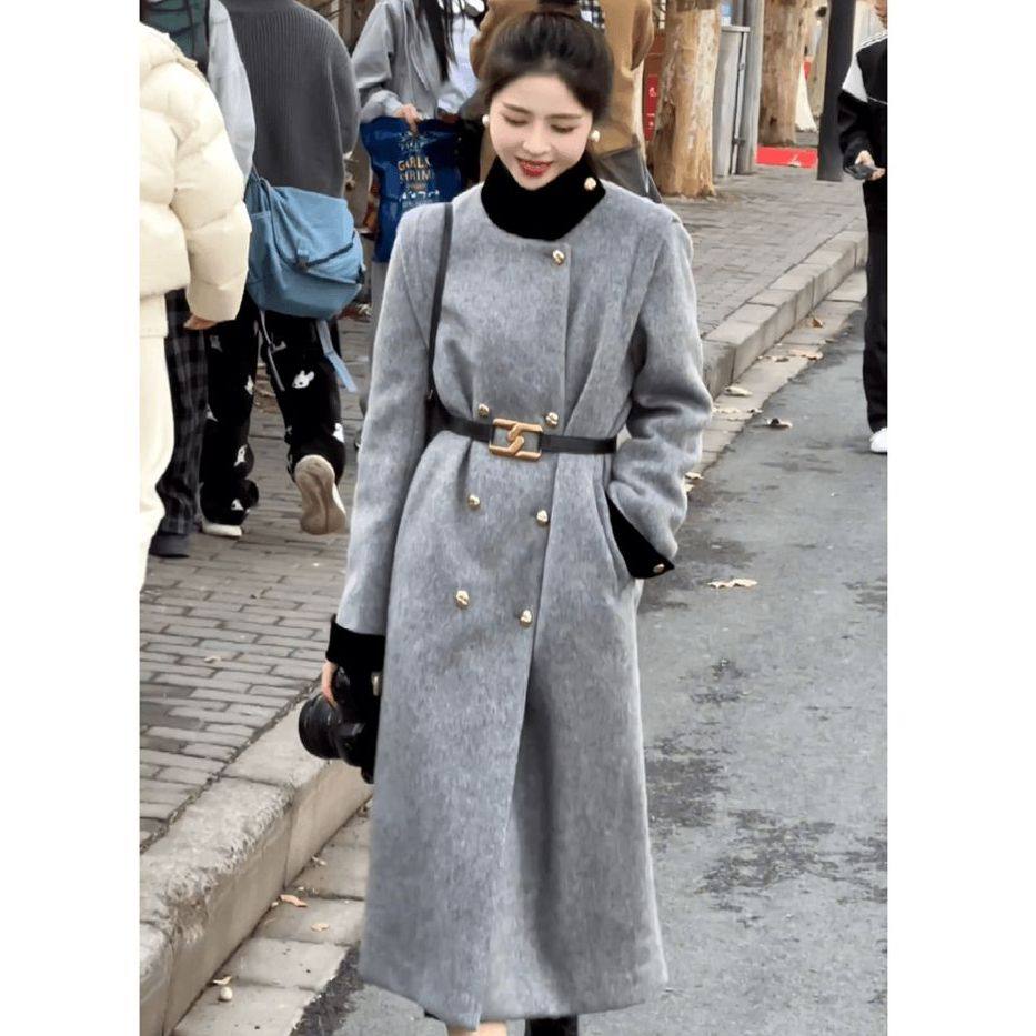 巴黎画报 气质时尚宽松中长款春秋新款立领双排扣呢子大衣女