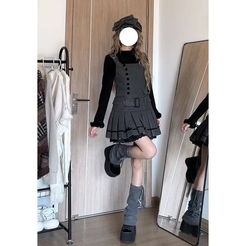 来信与诗 日系甜酷学院风约会穿搭单排扣背带裙毛边上衣冬季套装